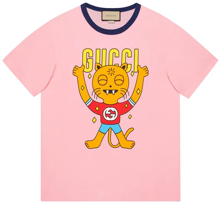 Gucci Cat Print Cotton T Shirt Pink