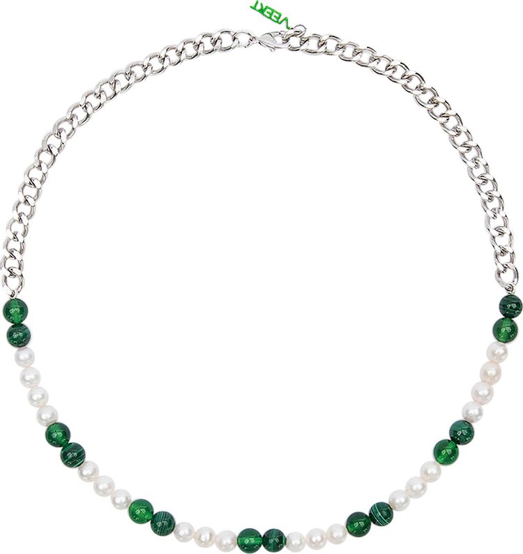 VEERT The Cuban Link Malachite, Green Onyx & Freshwater Pearl Necklace 'White Gold'