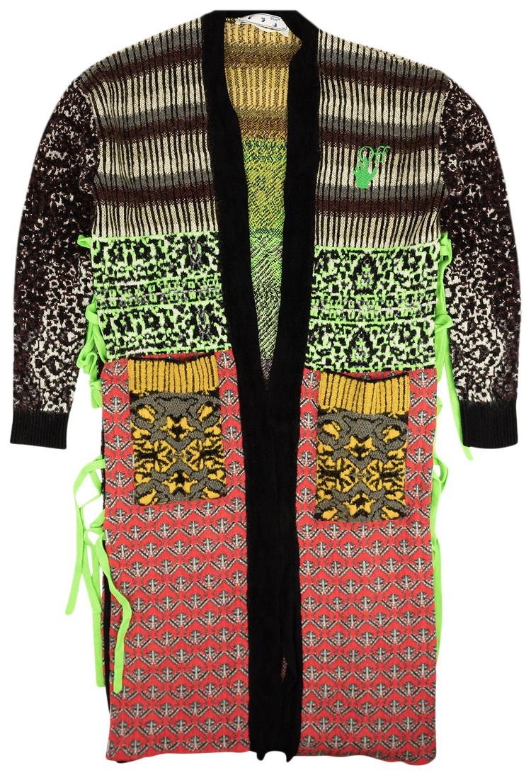 Off White Calf Length Intarsia Knit Cardigan GreyGreen