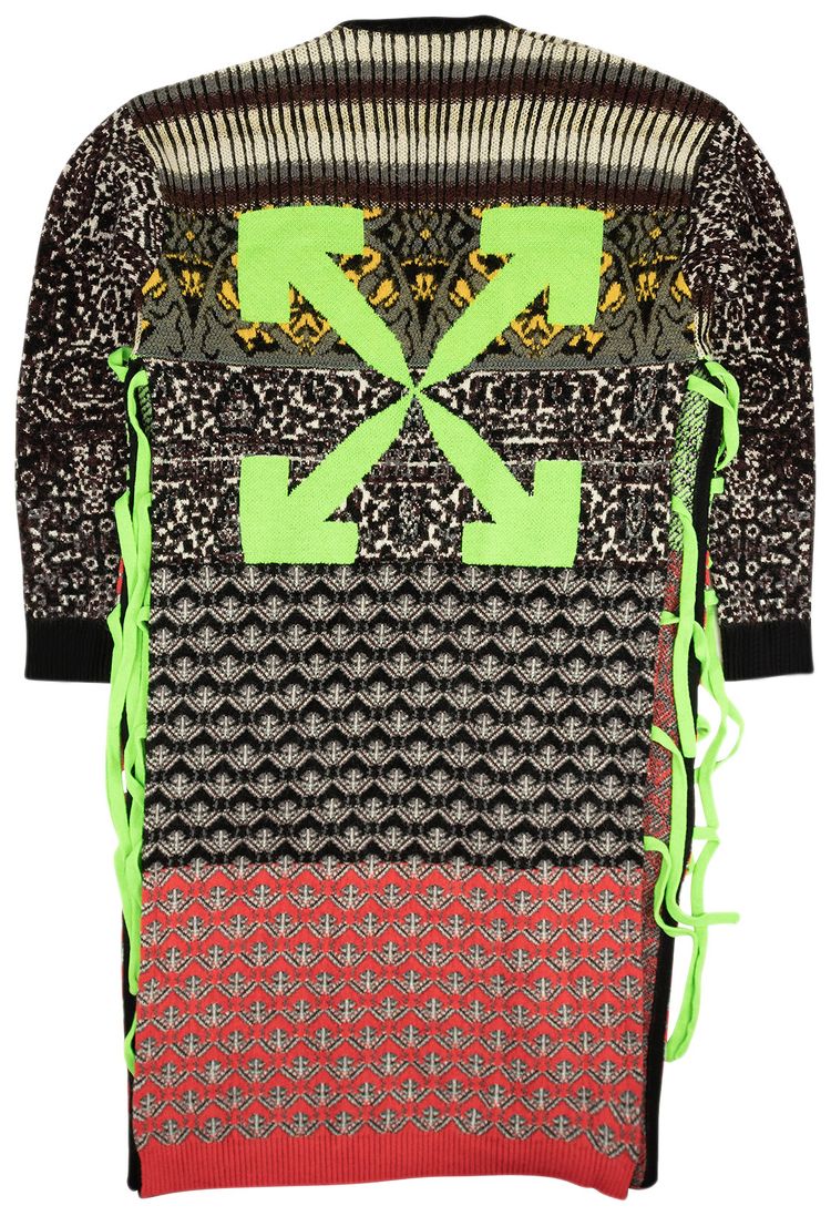 Off White Calf Length Intarsia Knit Cardigan GreyGreen