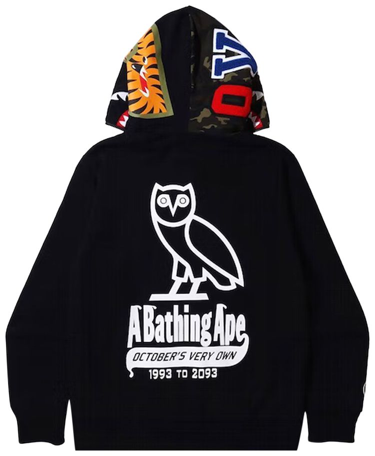 BAPE x OVO Woodland Camo Shark Reversible Full Zip Hoodie Black