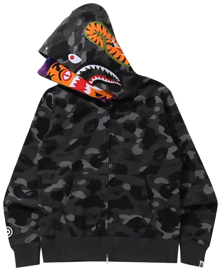 BAPE Color Camo Tiger Shark Wide Full Zip Double Hoodie Black