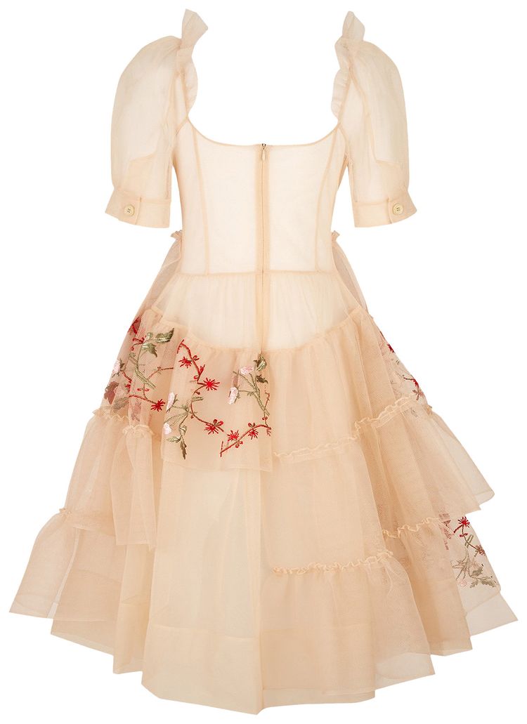 Simone Rocha Scoop Neck Short Puff Sleeve Tiered Ruffle Dress CreepingNude