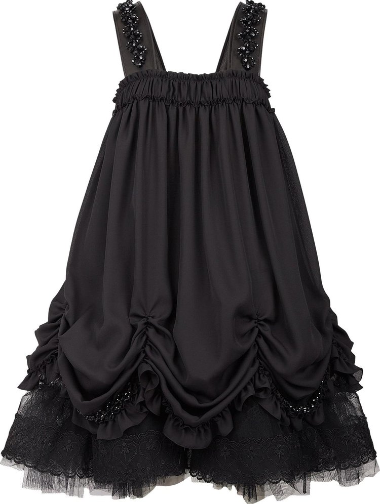 Simone Rocha Sleeveless Ruched Tiered Dress With Leather Straps 'Black/Jet'
