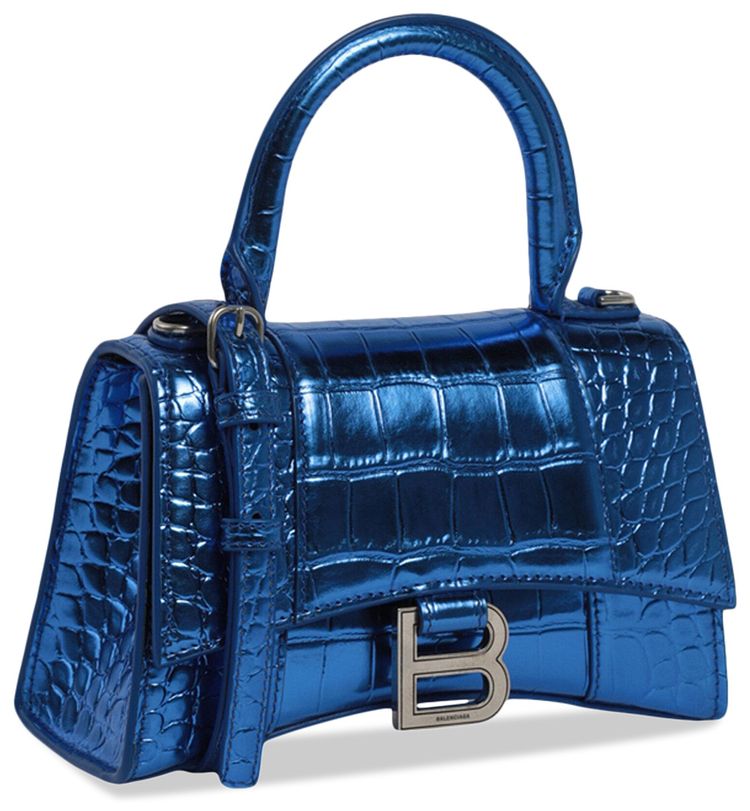 Balenciaga Hourglass XS Croc Embossed Top Handle Bag Blue