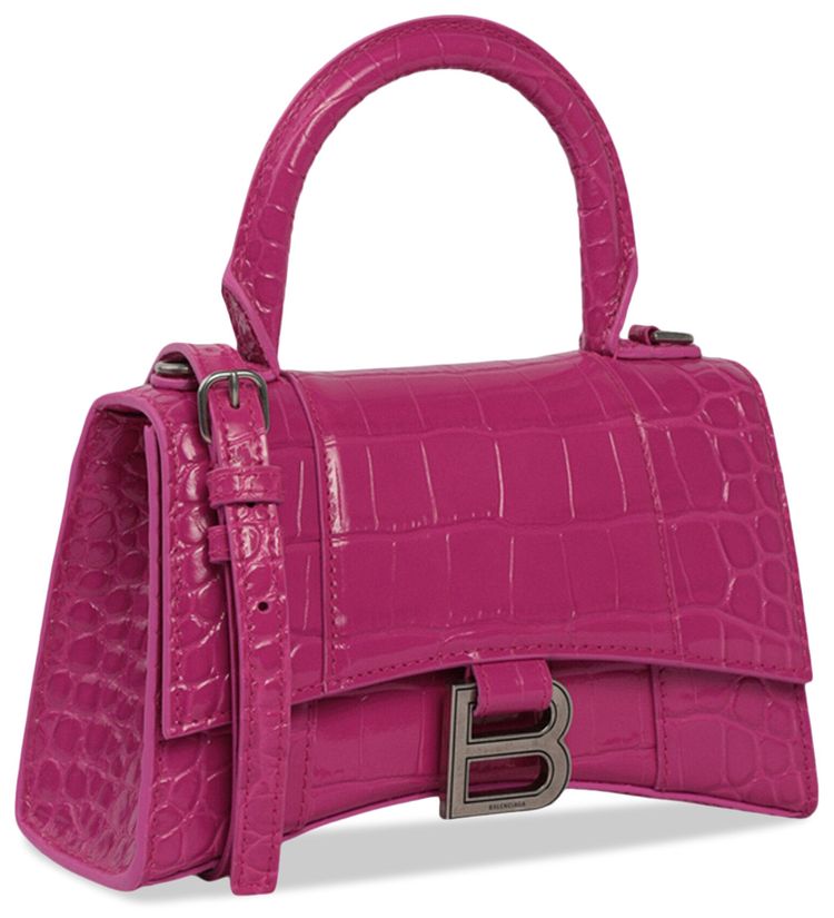 Balenciaga Hourglass XS Croc Embossed Top Handle Bag Pink