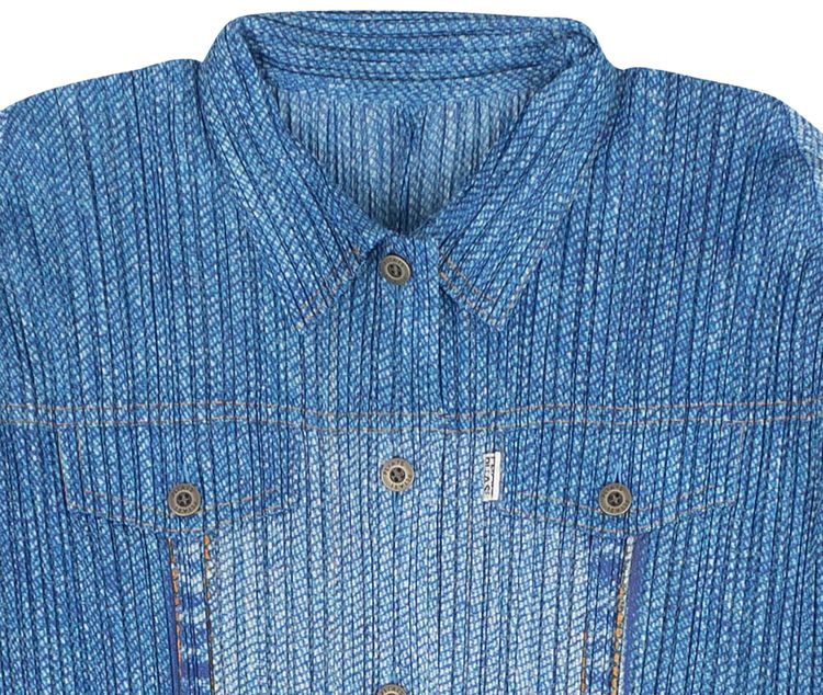 Issey Miyake Two Tone Pleated Long Sleeve Button Shirt Blue