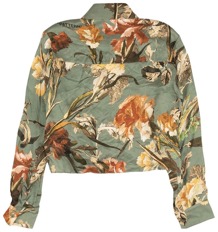 Off White Floral Print Collar Shirt Green