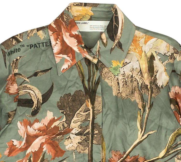 Off White Floral Print Collar Shirt Green