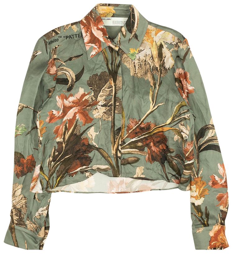 Off White Floral Print Collar Shirt Green