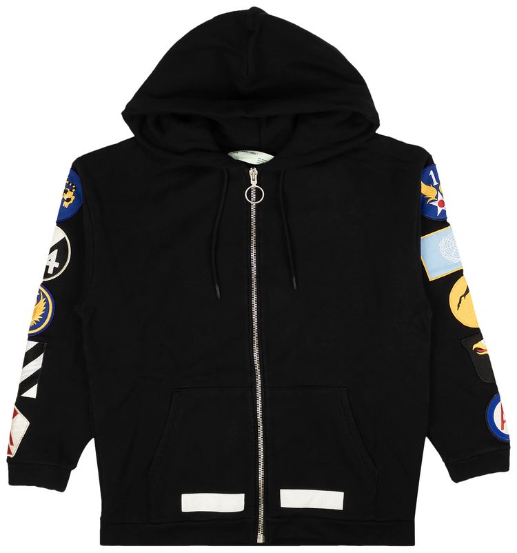 Off White Patches Zip Up Hoodie Black