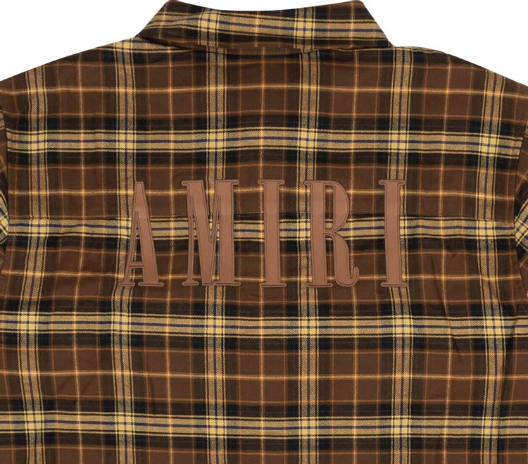 Amiri Leather Logo Flannel Button Down Shirt Brown