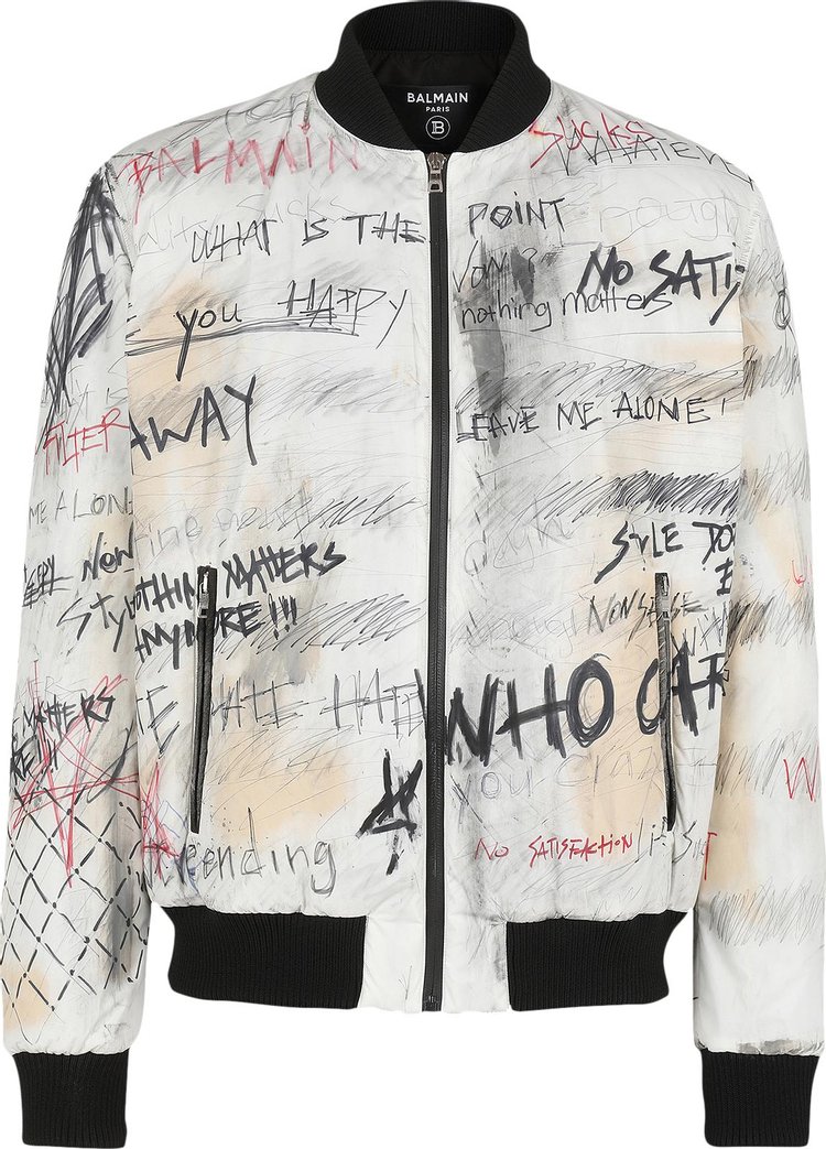 Balmain Nylon Bomber Jacket With Graffiti Print 'White'