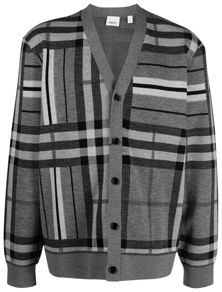 Burberry Check And Stripe Wool Jacquard Cardigan Flint Melange