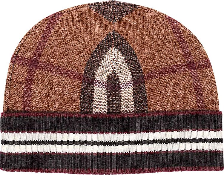 Burberry Check And Stripe Cashmere Beanie Dark Birch Brown