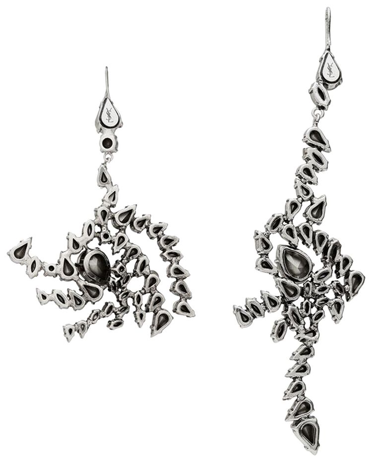 Saint Laurent Rhinestone Spiral Earrings Oxidized Silver