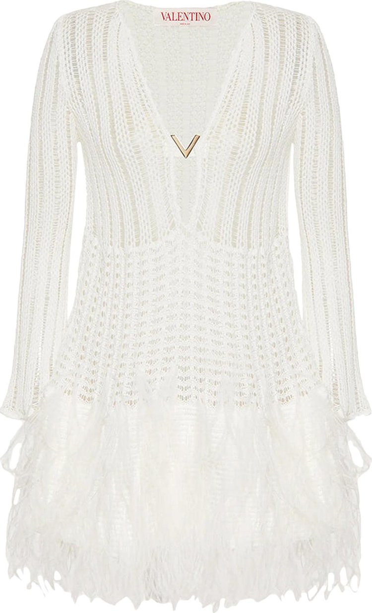 Valentino Crochet Knit Feathered Mini Dress 'White'