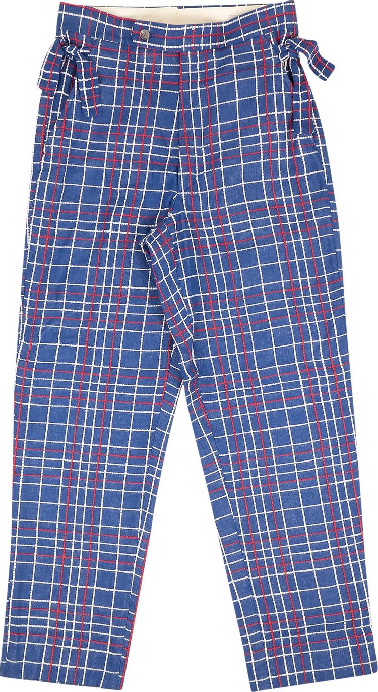 Bode Embroidered Plaid Side Tie Pants 'Blue'