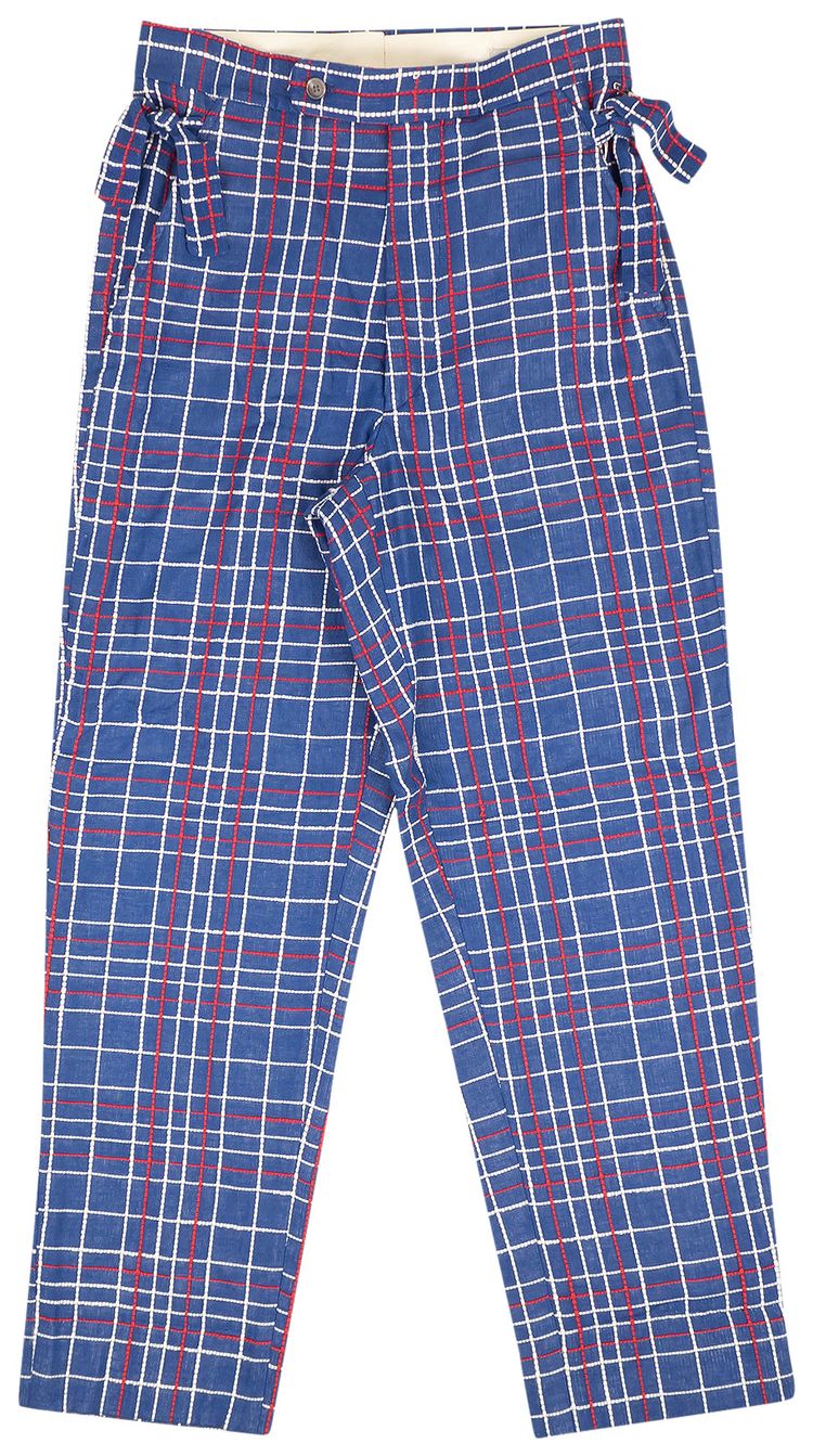 Bode Embroidered Plaid Side Tie Pants Blue