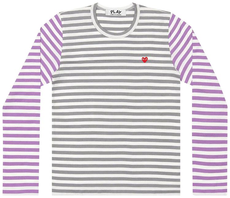 Comme des Garcons PLAY Bi Color Striped Long Sleeve Heart T Shirt GreyPurple