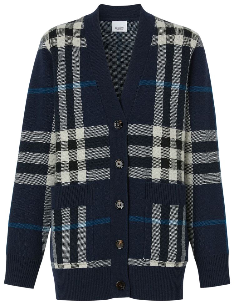 Burberry Check Jacquard Oversized Cardigan Dark Charcoal Blue