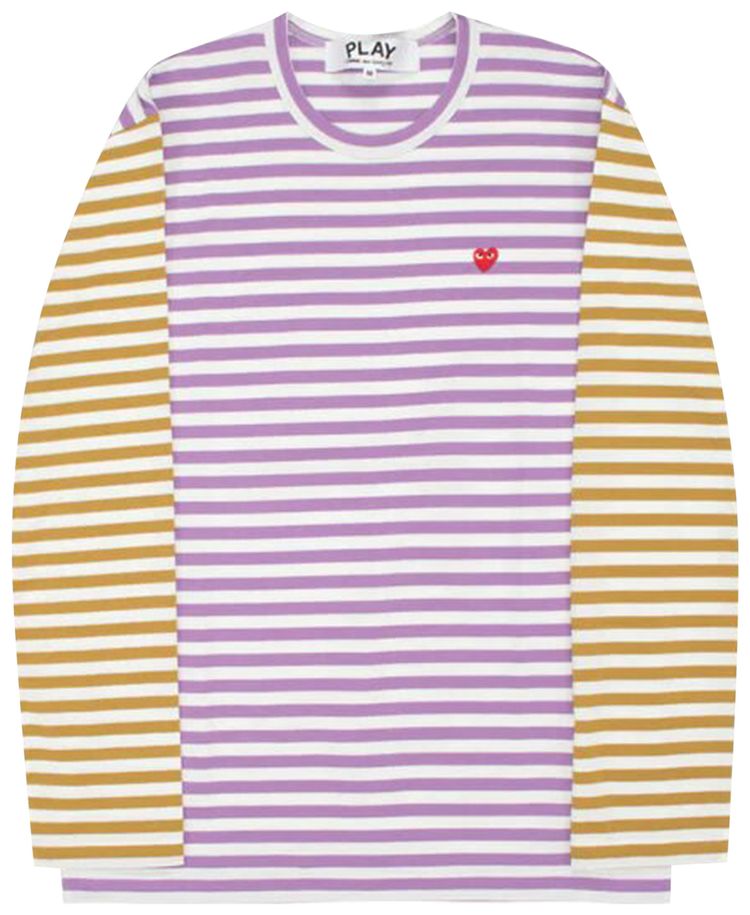 Comme des Garcons PLAY Bi Color Striped Long Sleeve Heart T Shirt Purpleolive
