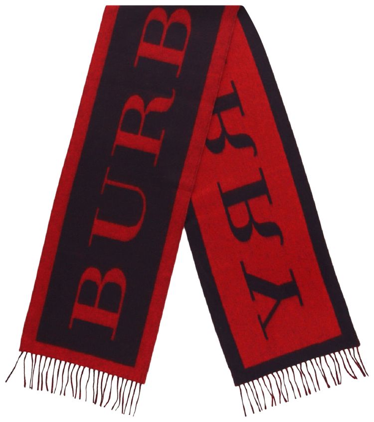 Burberry Logo Fringed Wool Scarf Red