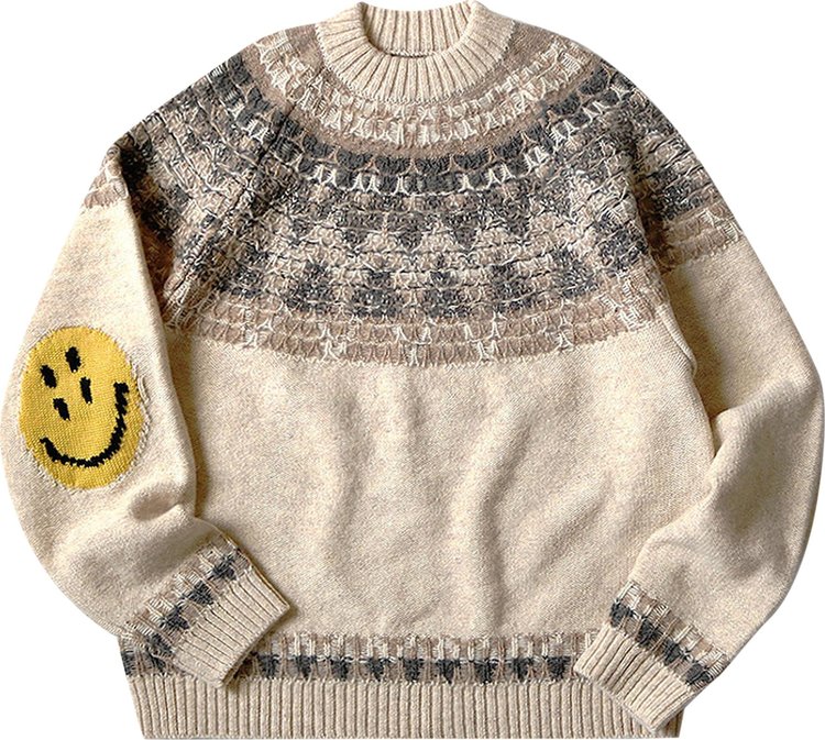 Kapital 5G Wool Nordic Smilie Patch Raglan Sweater 'Ecru'