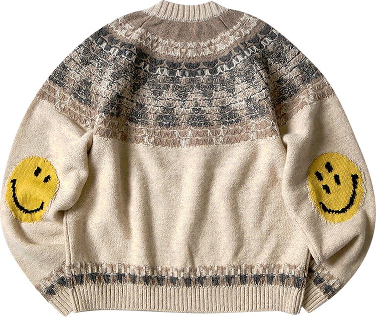 Kapital 5G Wool Nordic Smilie Patch Raglan Sweater Ecru