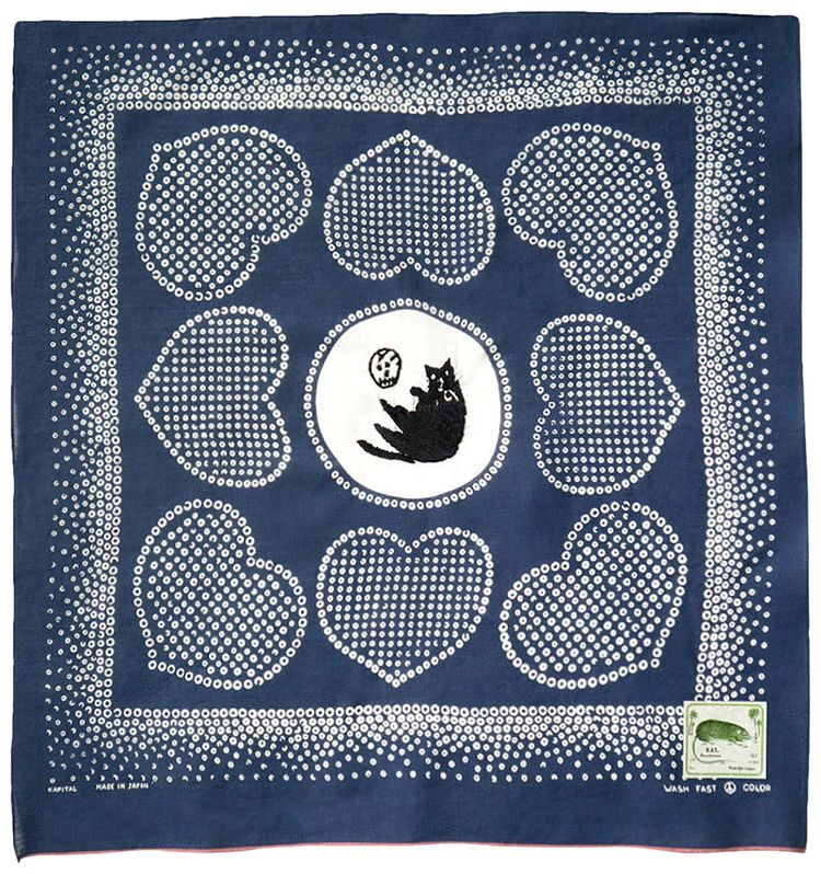 Kapital Fastcolor Selvedge Bandana Love Cat Embroidery Navy