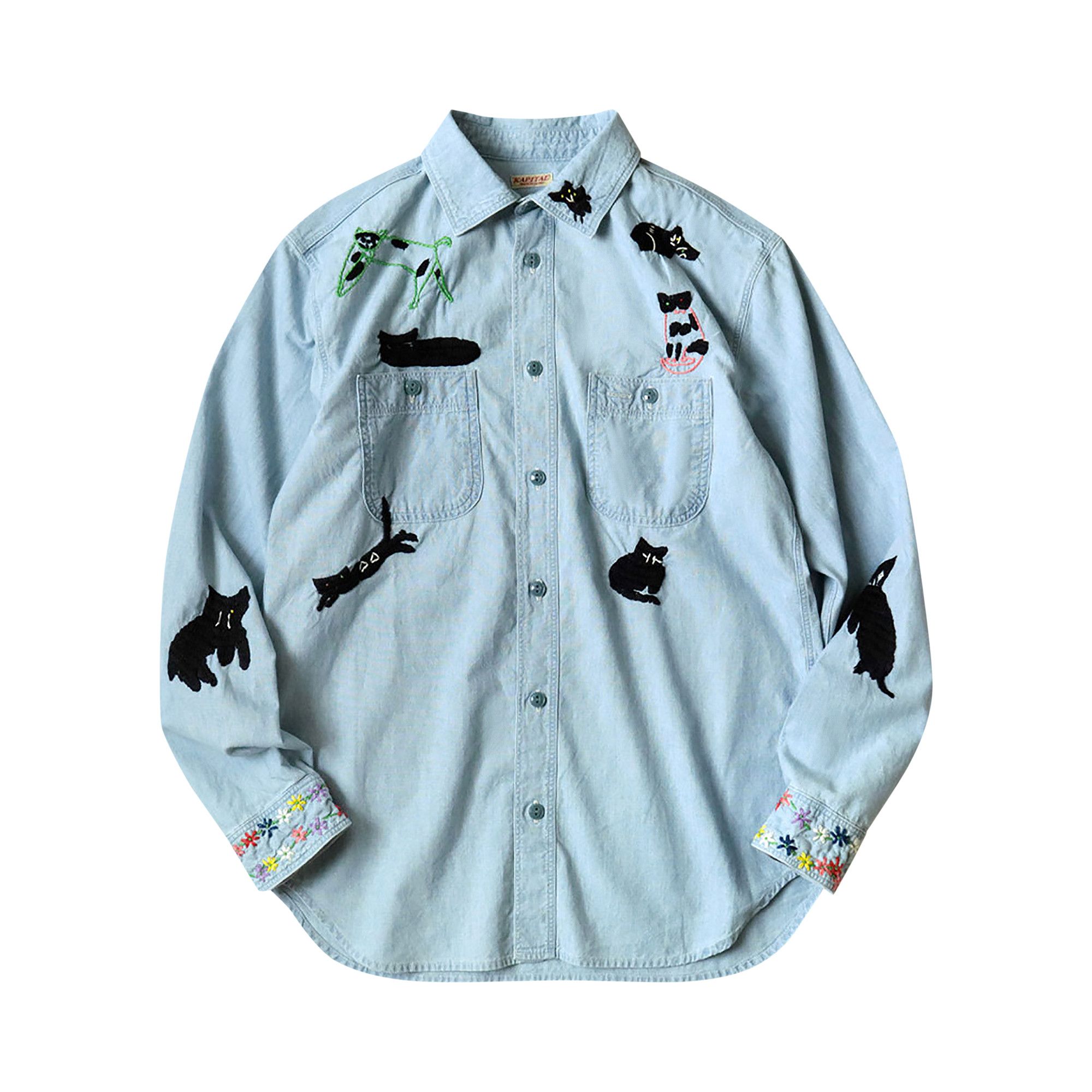 Buy Kapital Chambray Work Shirt (Black Cat Embroidery) 'Sax Buy Kapital Chambray Work Shirt (Black Cat Embroidery) 'Sax