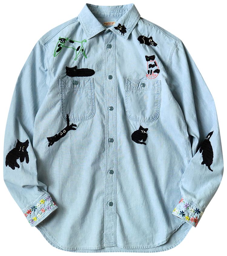 Kapital Chambray Work Shirt Black Cat Embroidery Sax