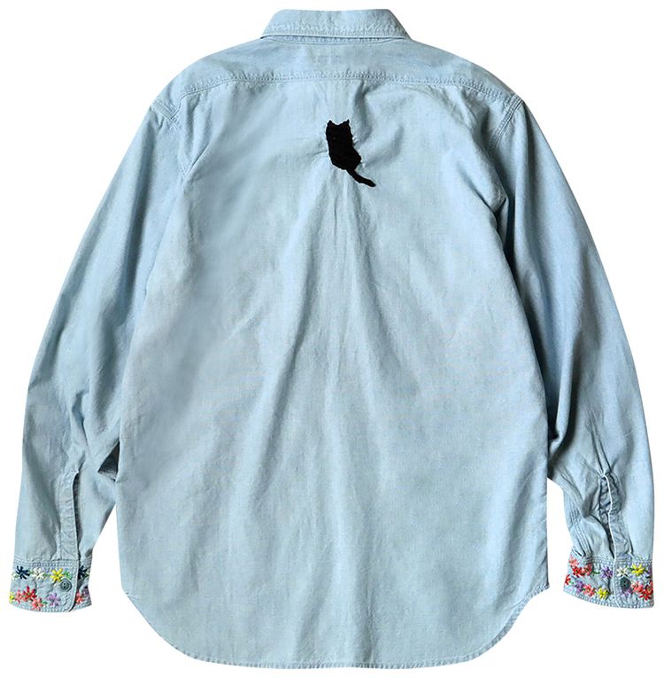 Kapital Chambray Work Shirt Black Cat Embroidery Sax