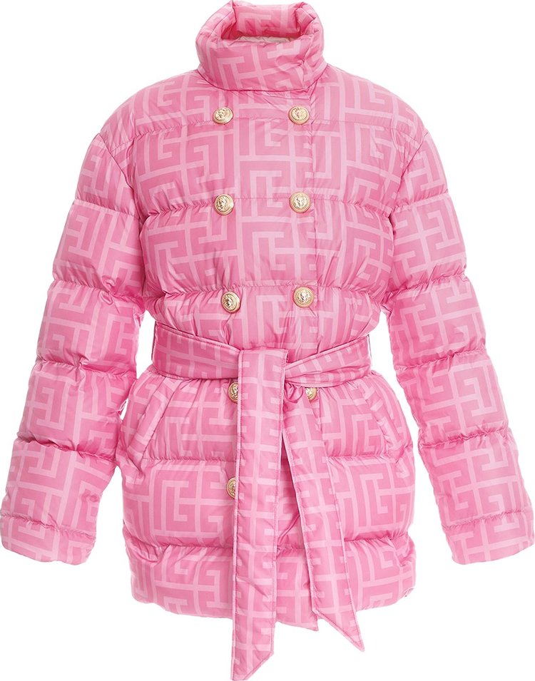 Balmain x Barbie Monogram Print Double Breasted Coat Pink