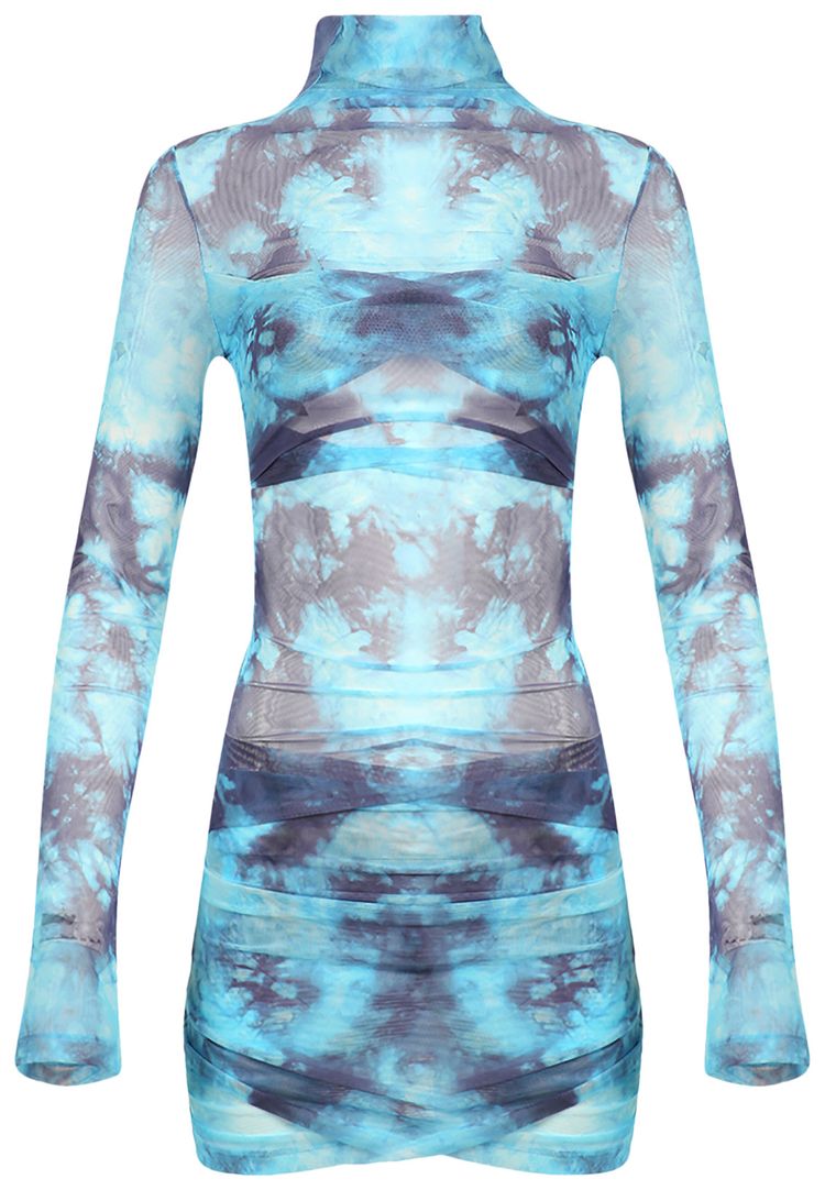 Off White Tie Dye Tulle Twist Long Sleeve Dress Light Blue