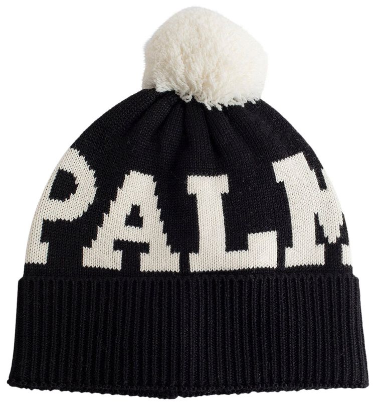 Palm Angels Logo Knitted Pompom Beanie BlackWhite