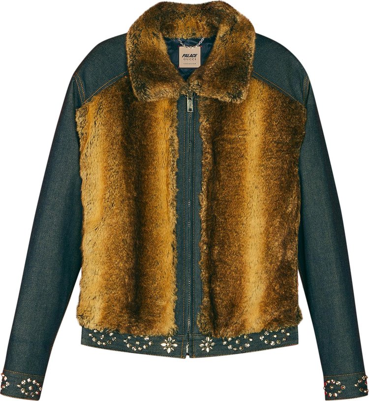 Gucci x Palace Denim Jacket With Faux Fur, Crystals And Studs Details 'Dark Blue'