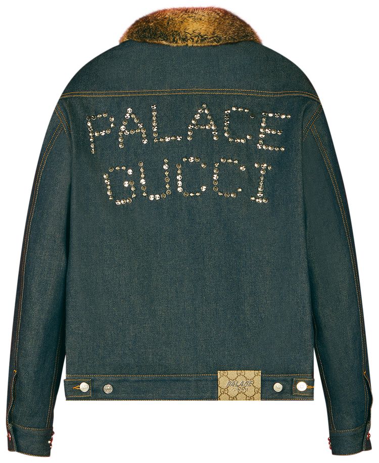 Gucci x Palace Denim Jacket With Faux Fur Crystals And Studs Details Dark Blue