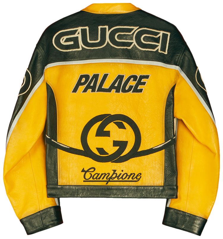 Gucci x Palace Leather Jacket With Embroideries And Patches Shiny YellowBlackWhite