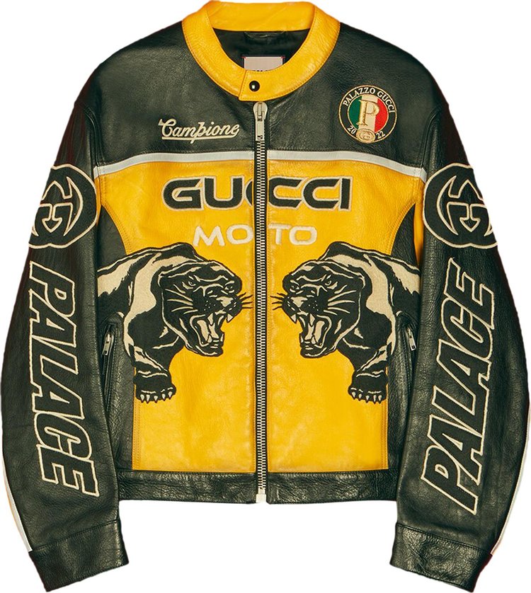 Gucci x Palace Leather Jacket With Embroideries And Patches 'Shiny Yellow/Black/White'
