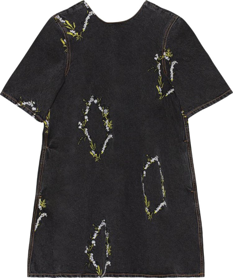 GANNI Embroidery Denim A line Mini Dress 'Washed Black/Black'