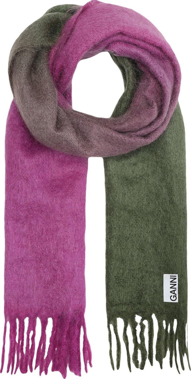 GANNI Mohair Gradient Fringed Scarf 'Loden Green'