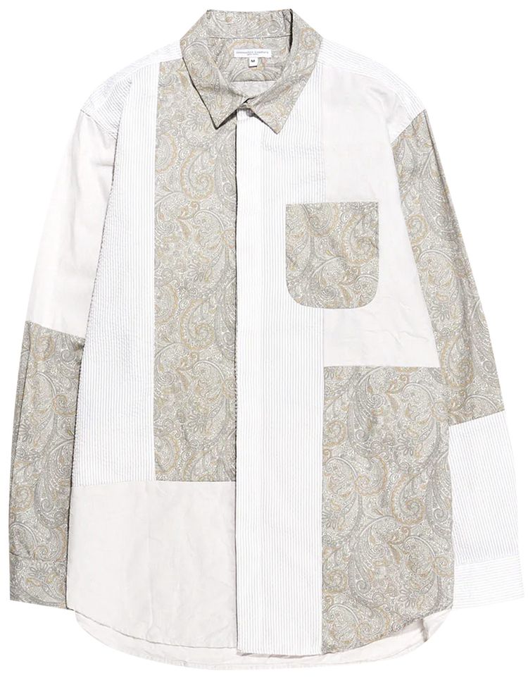 Engineered Garments Patchwork Stripe Longline Shirt Beige