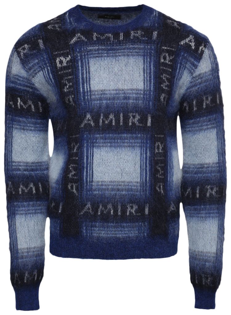 Amiri Brushed Mohair Plaid Crew Blue