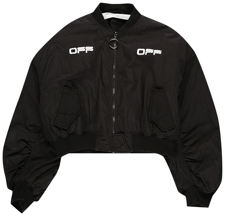 Off White Crop Varsity Bomber Black