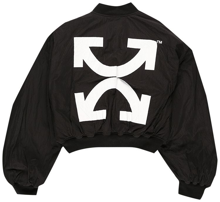 Off White Crop Varsity Bomber Black