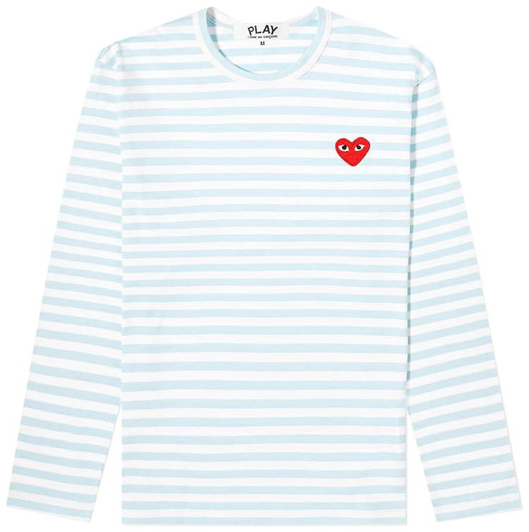 Comme des Garcons Long Sleeve Striped Tee With Small Heart Blue
