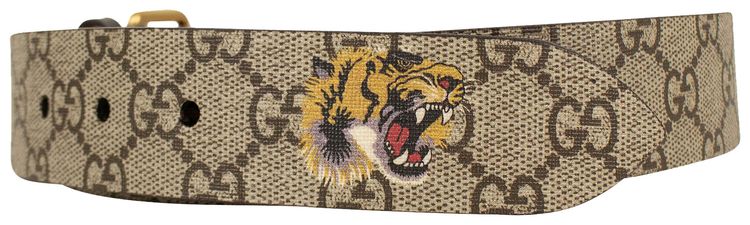 Gucci Tiger Print GG Supreme Leather Belt Beige