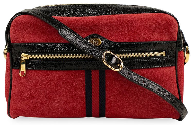 Gucci Suede With Black Patent Leather Retro Ophidia Shoulder Bag Red