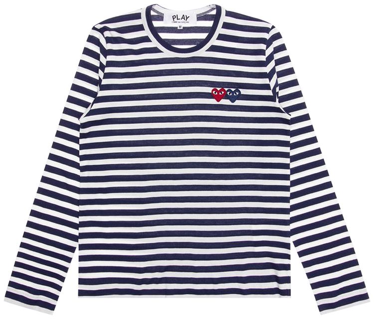 Comme des Garcons PLAY Double Heart Striped Long Sleeve T Shirt NavyWhite
